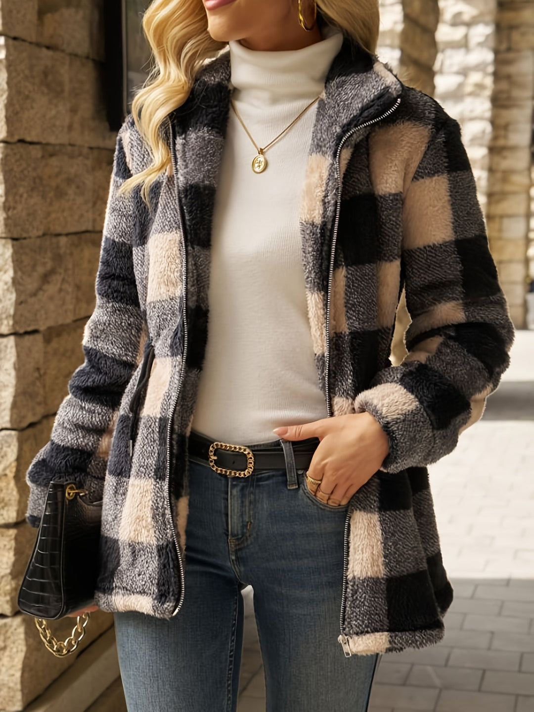 Cozy Checked Hooded Jacket