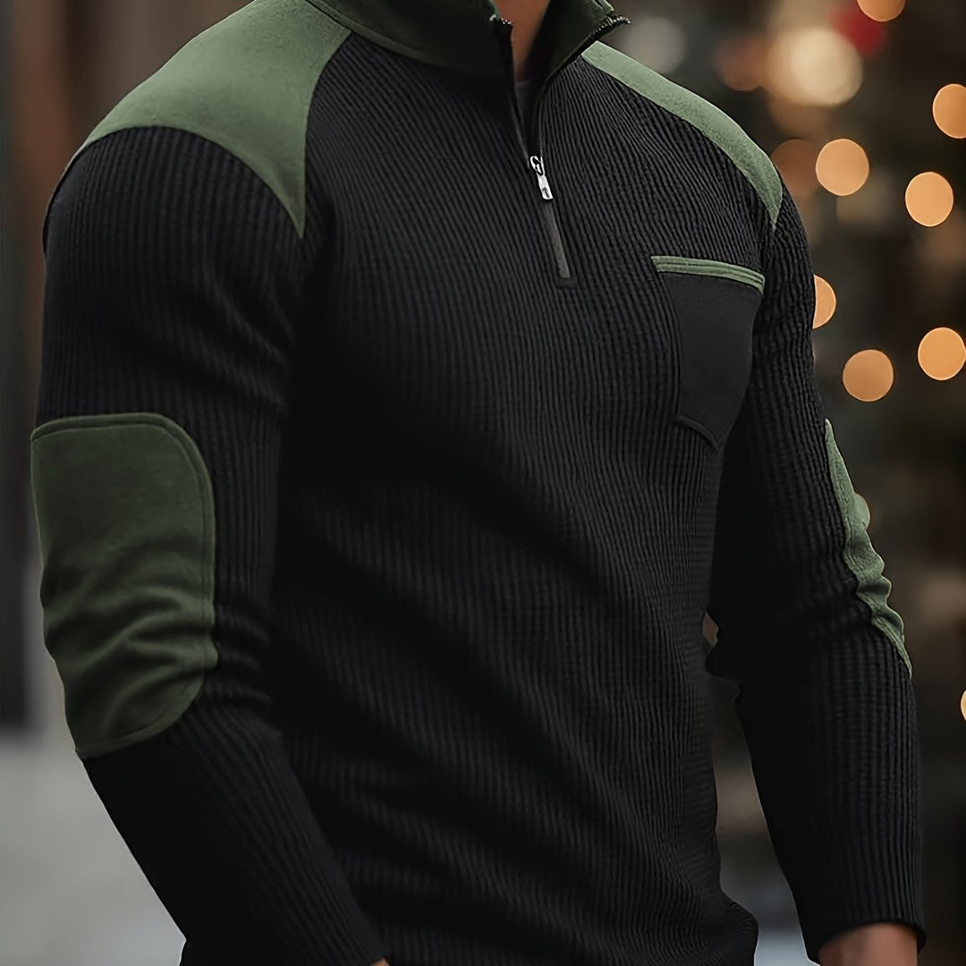 Textured Color-Block Quarter-Zip Sweater