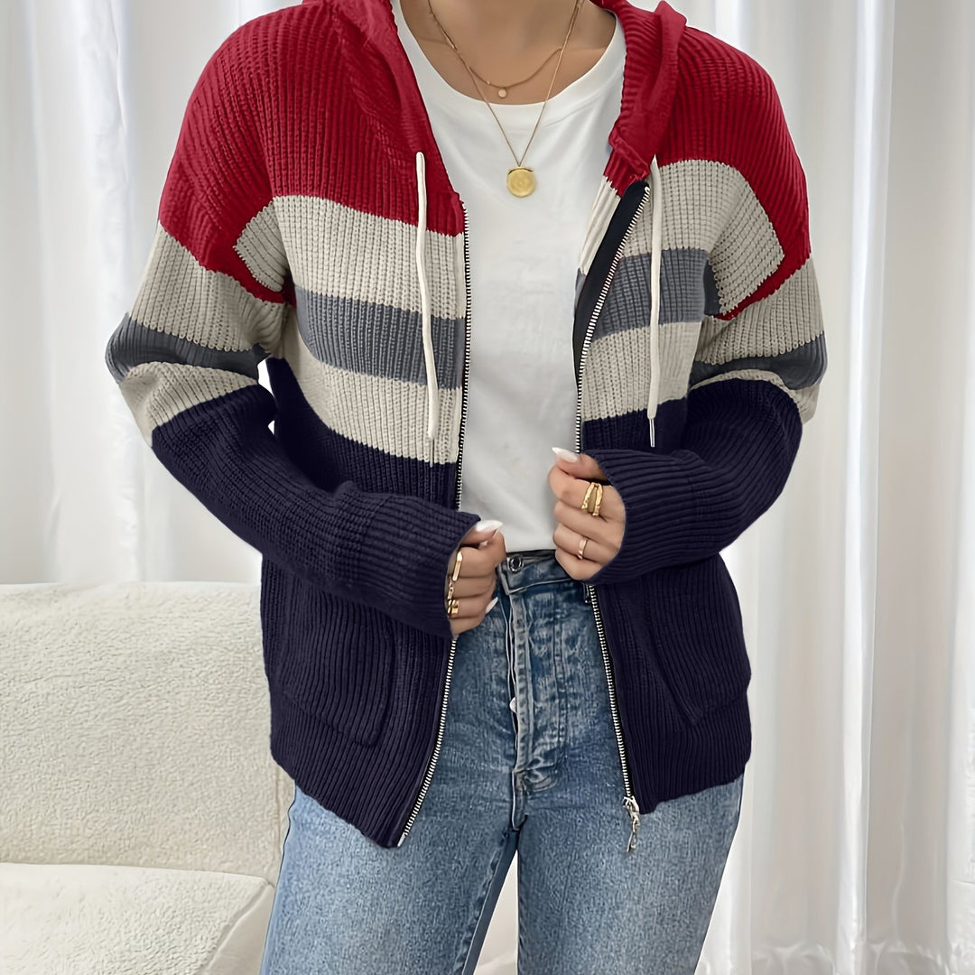 Colour-Block Hooded Zip Cardigan