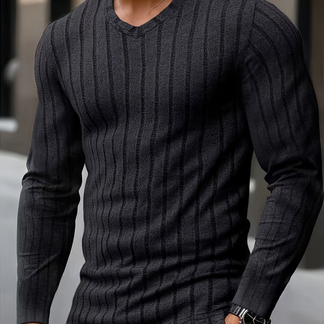 Ribbed V-Neck Long Sleeve Top