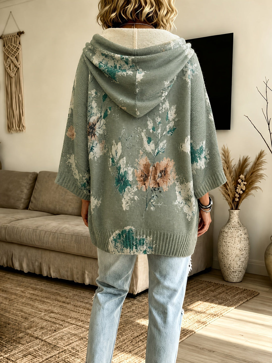 Hooded Floral Cape Sweater