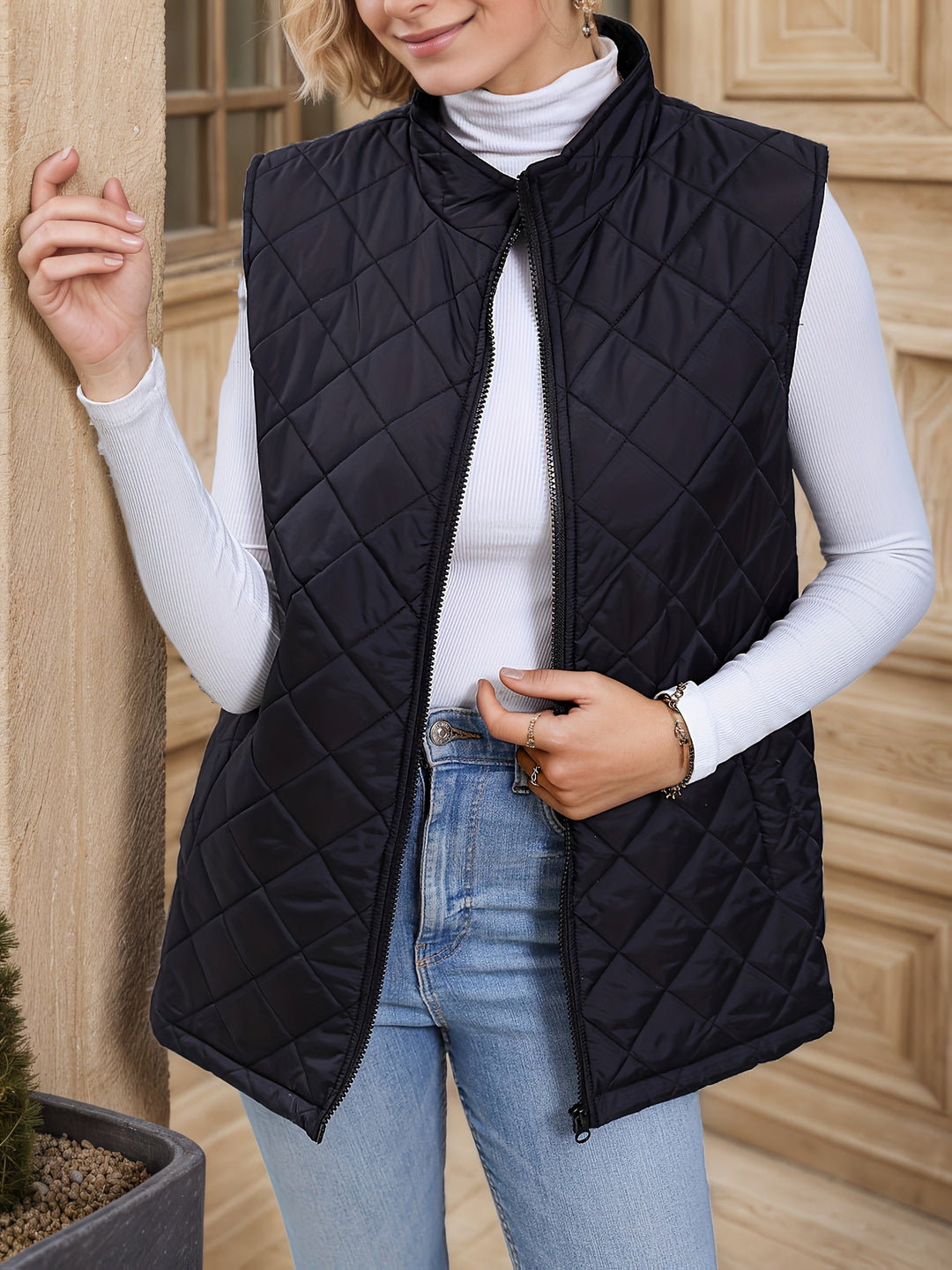 Diamond-Quilted Longline Vest