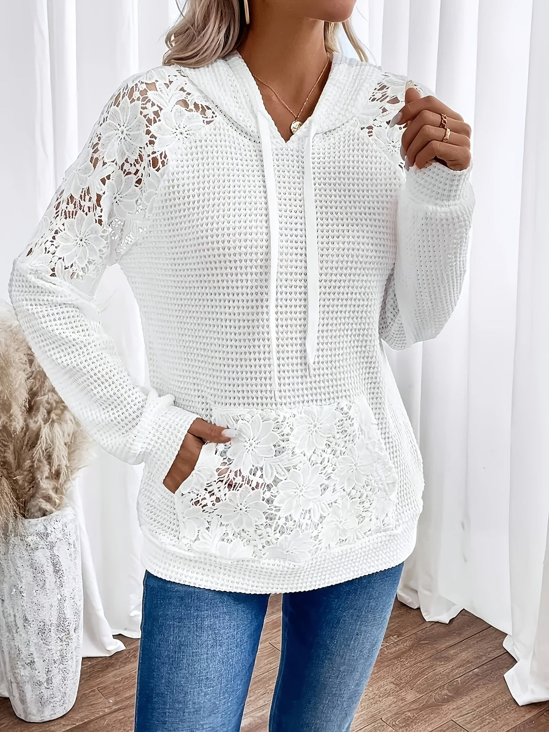 Floral-Trimmed Hooded Top