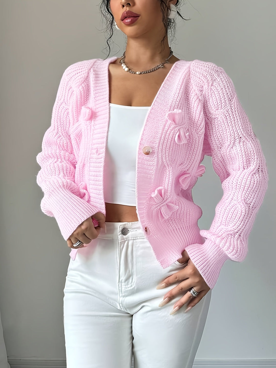 Soft Bow-Detail Long Sleeve Cardigan