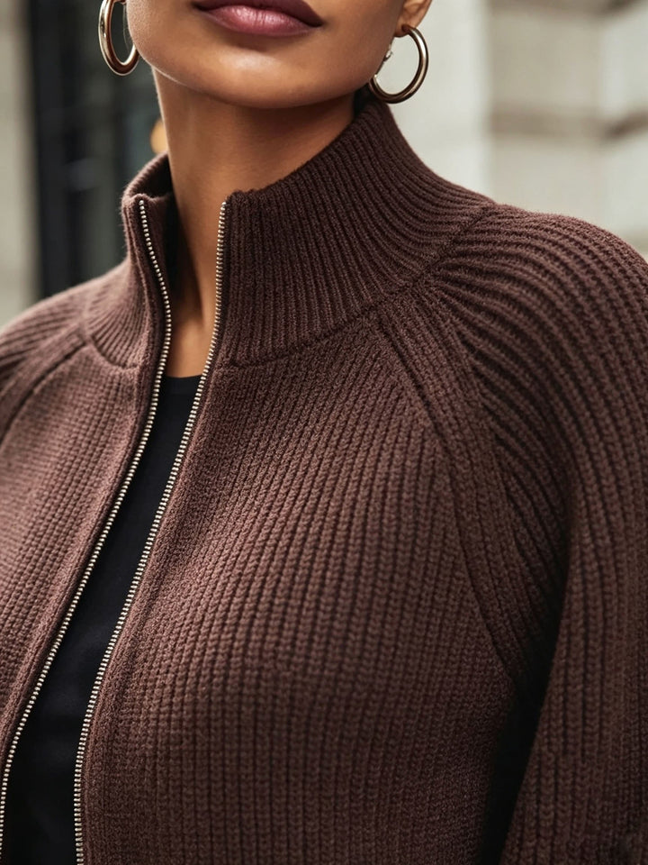 Zip-Up Puff-Sleeve Cardigan