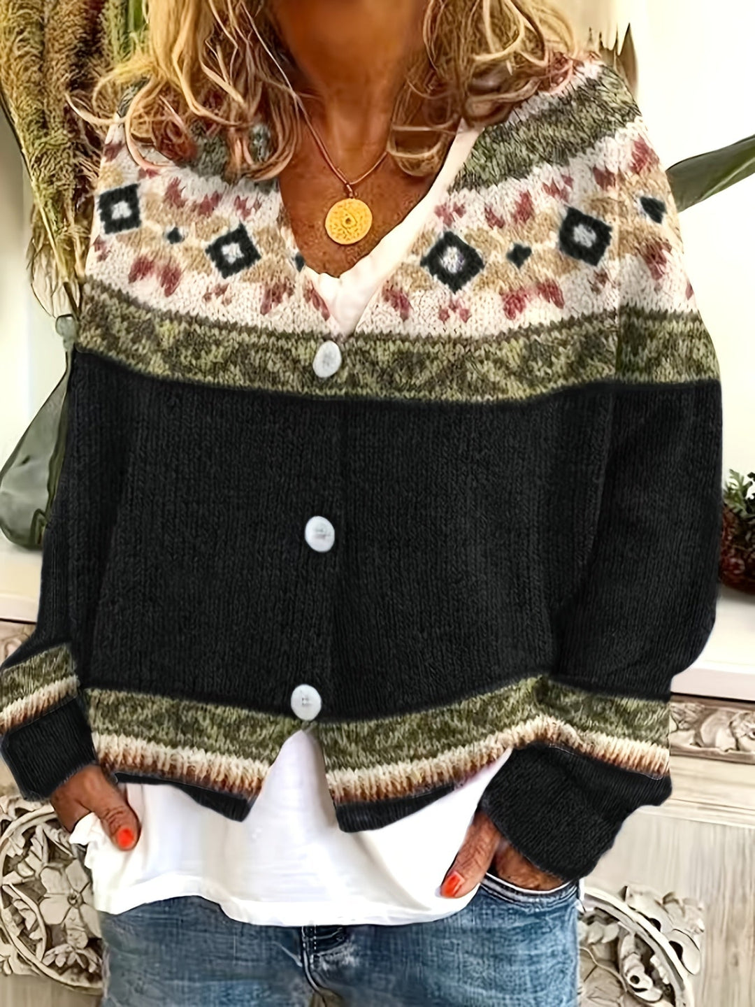 Patterned Button-Front Cardigan