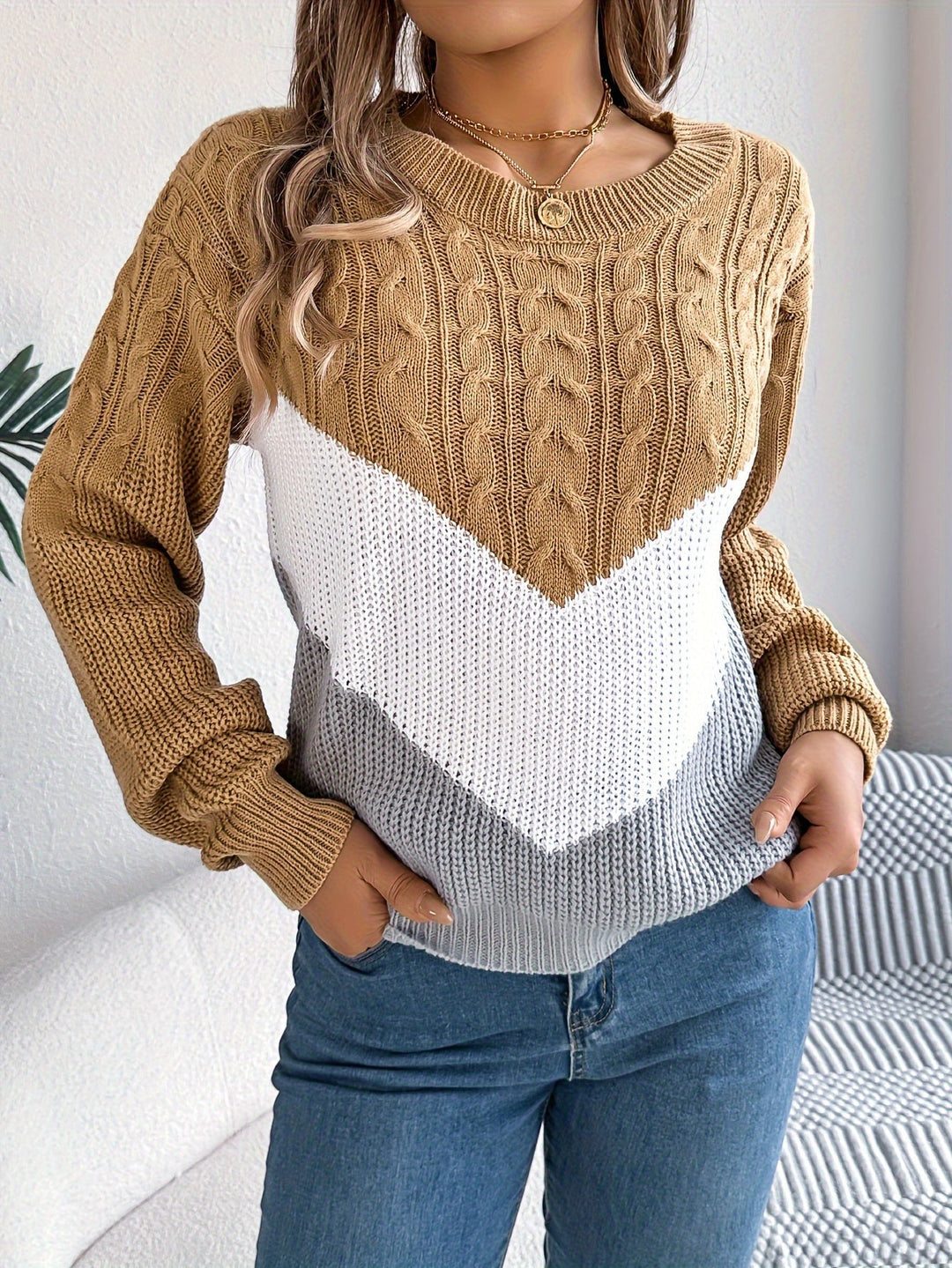 Color-Block Round Neck Sweater