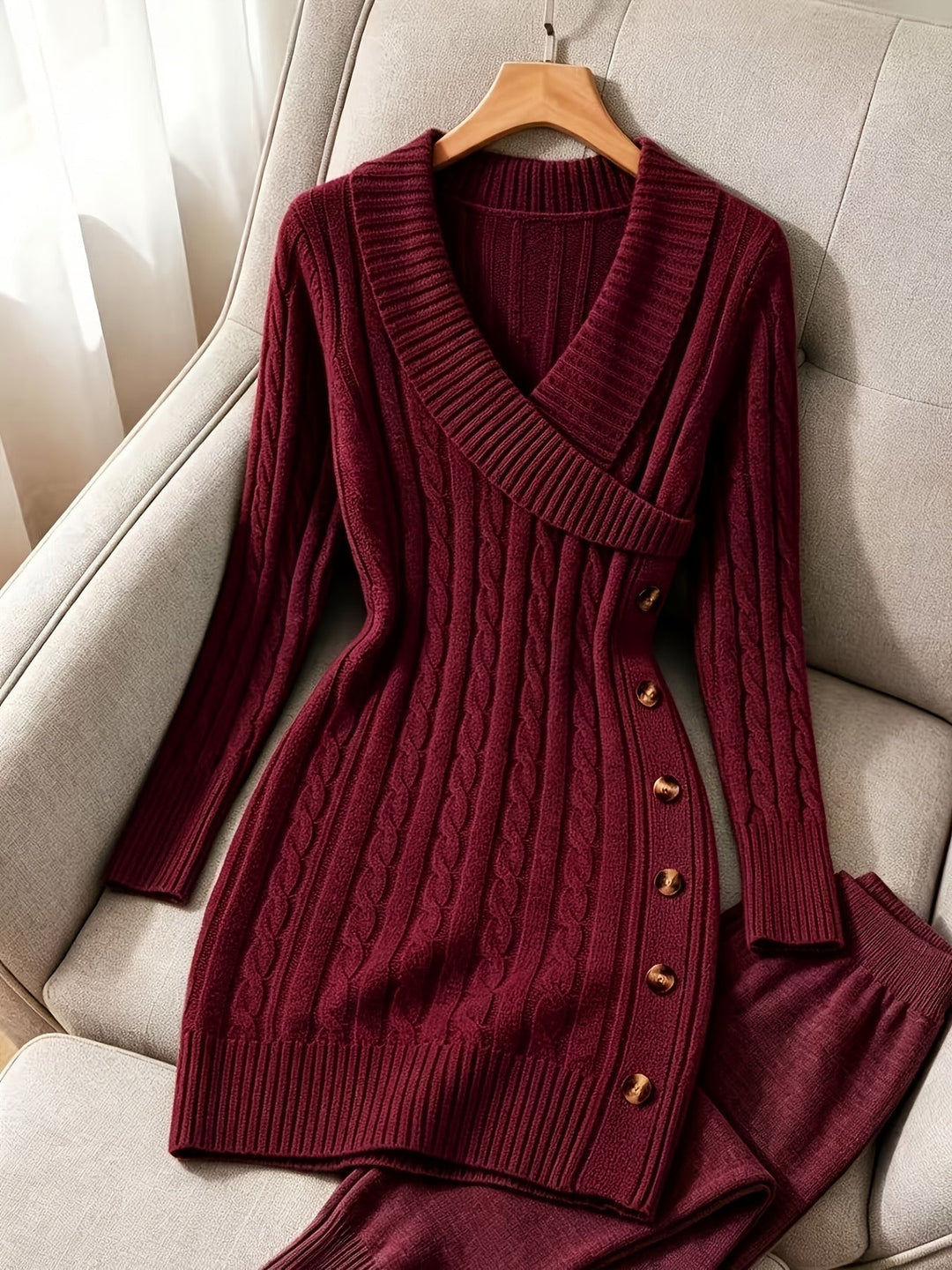 Cable-Knit V-Neck Sweater Dress