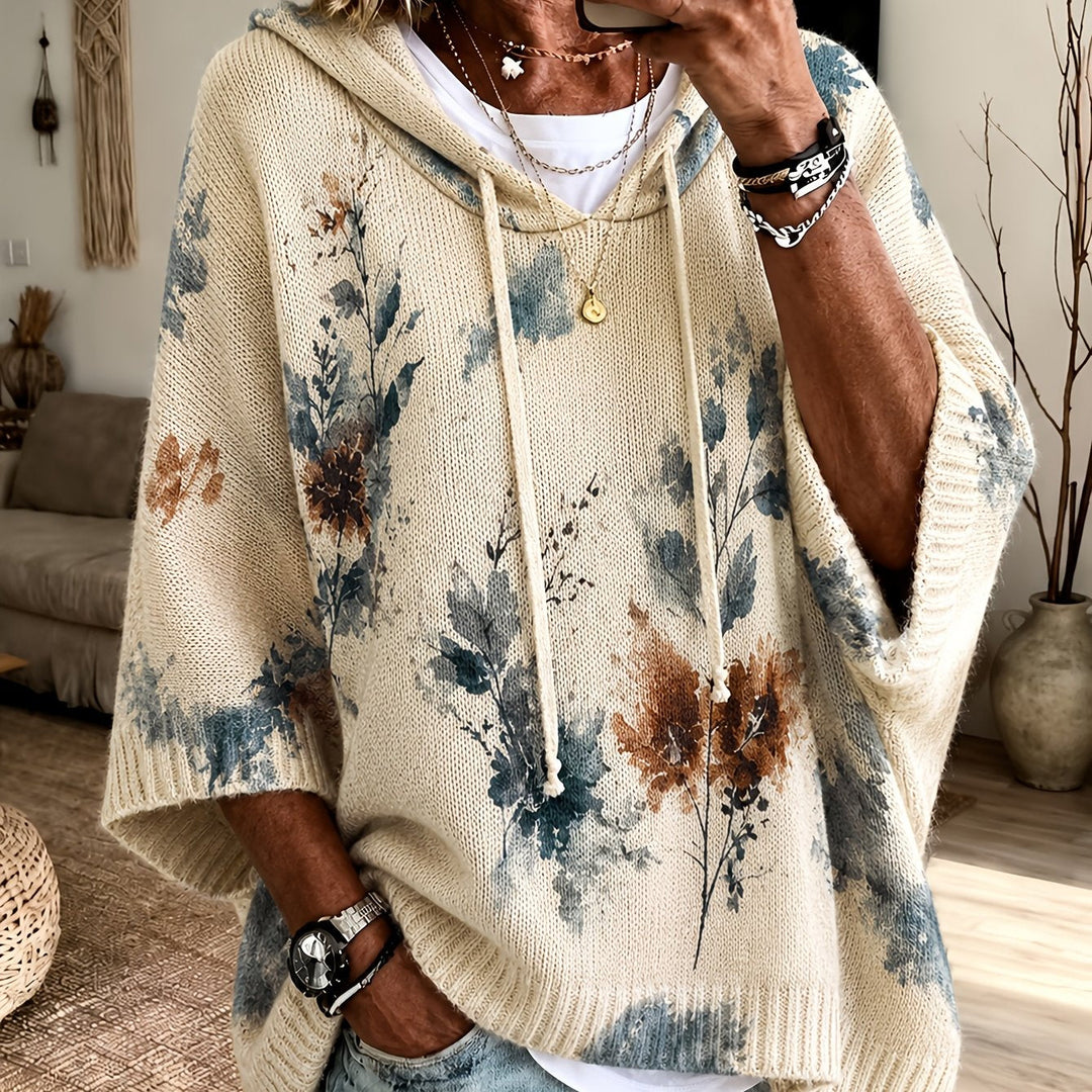 Hooded Floral Cape Sweater