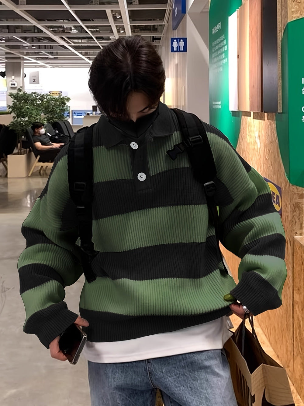 Color-Blocked Button-Neck Sweater