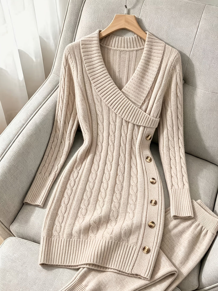 Cable-Knit V-Neck Sweater Dress