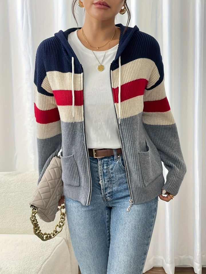 Colour-Block Hooded Zip Cardigan