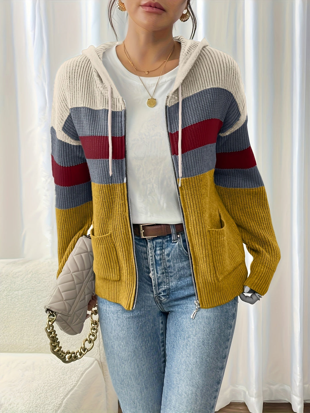 Colour-Block Hooded Zip Cardigan