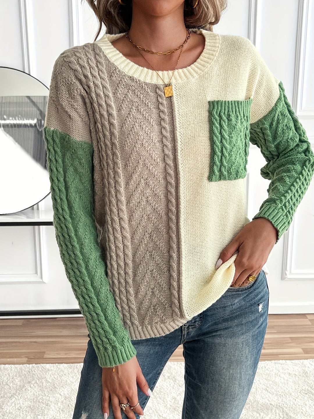 Color Block Cable Knit Sweater