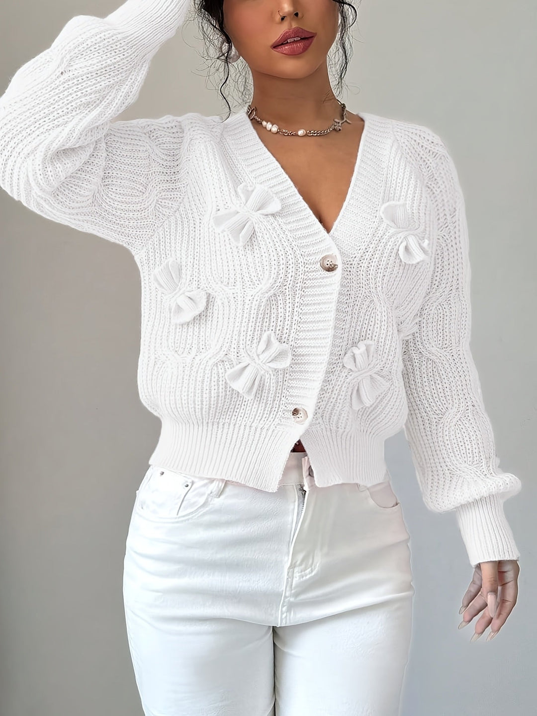 Soft Bow-Detail Long Sleeve Cardigan