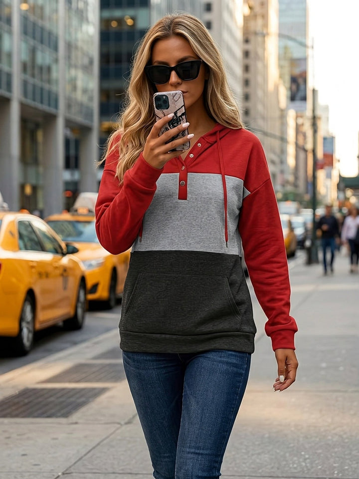 Color Block Button-Neck Hoodie