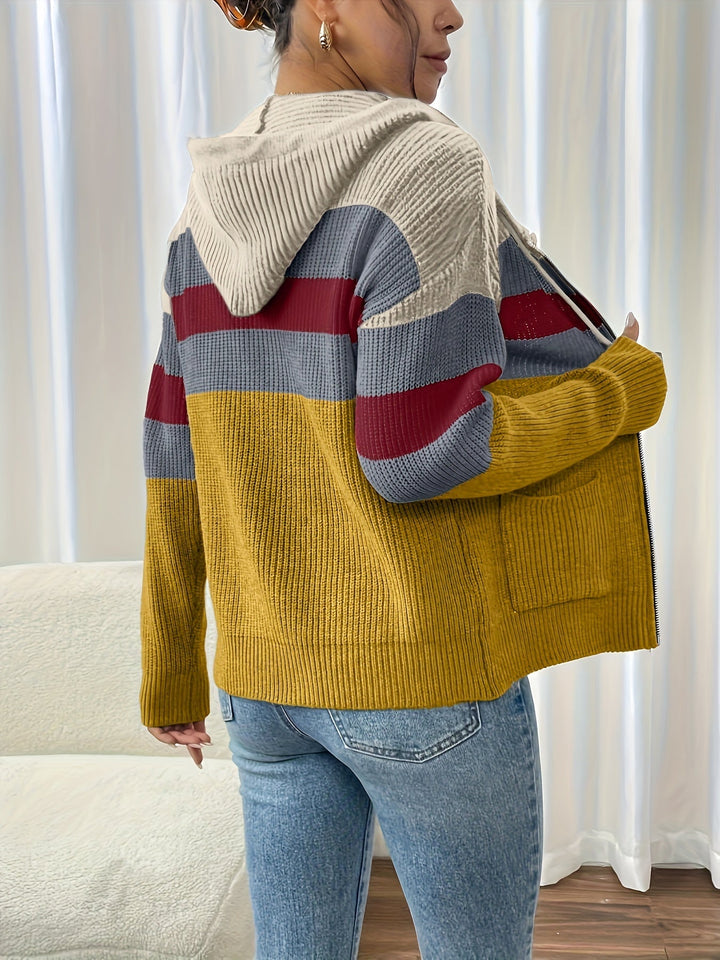 Colour-Block Hooded Zip Cardigan