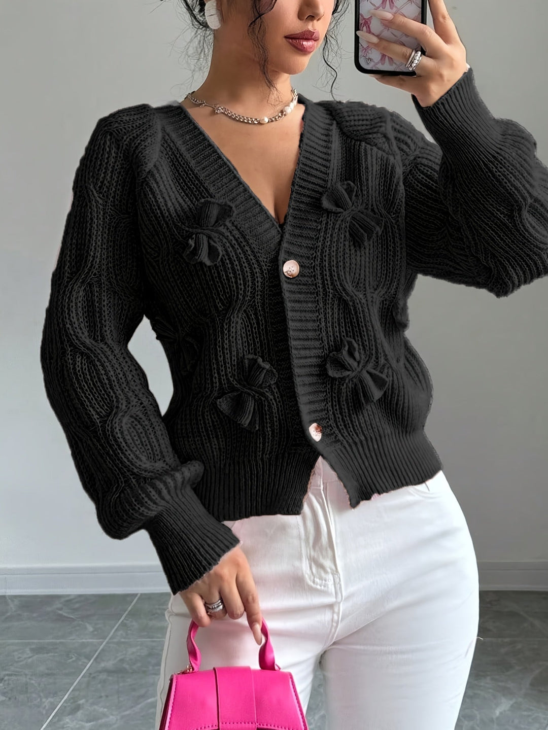 Soft Bow-Detail Long Sleeve Cardigan