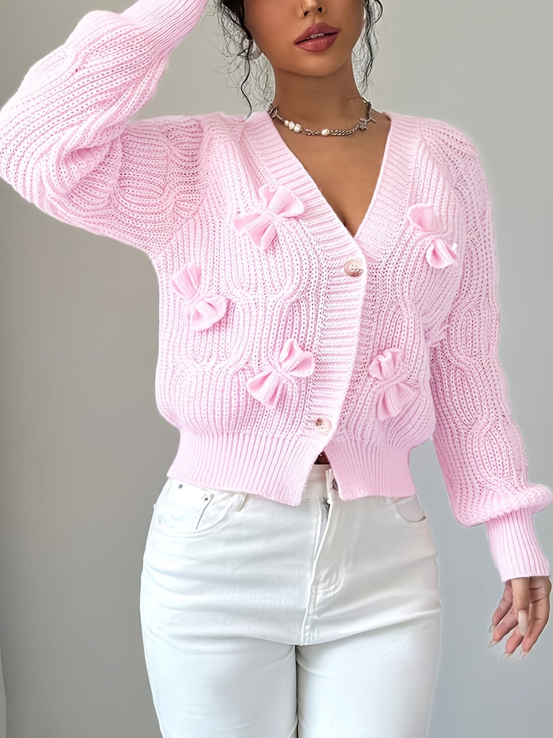 Soft Bow-Detail Long Sleeve Cardigan