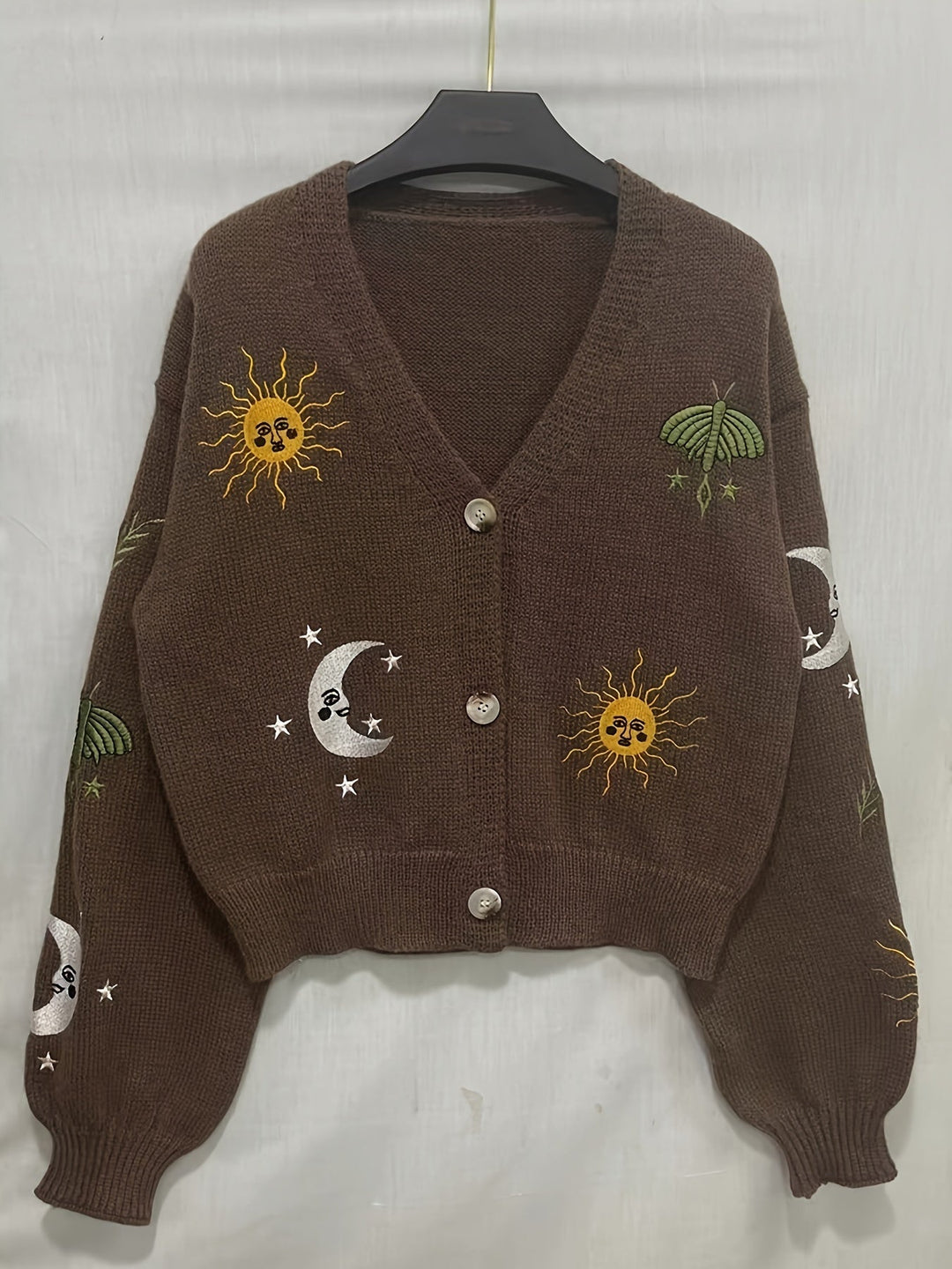 Celestial Embroidered Lantern-Sleeve Cardigan