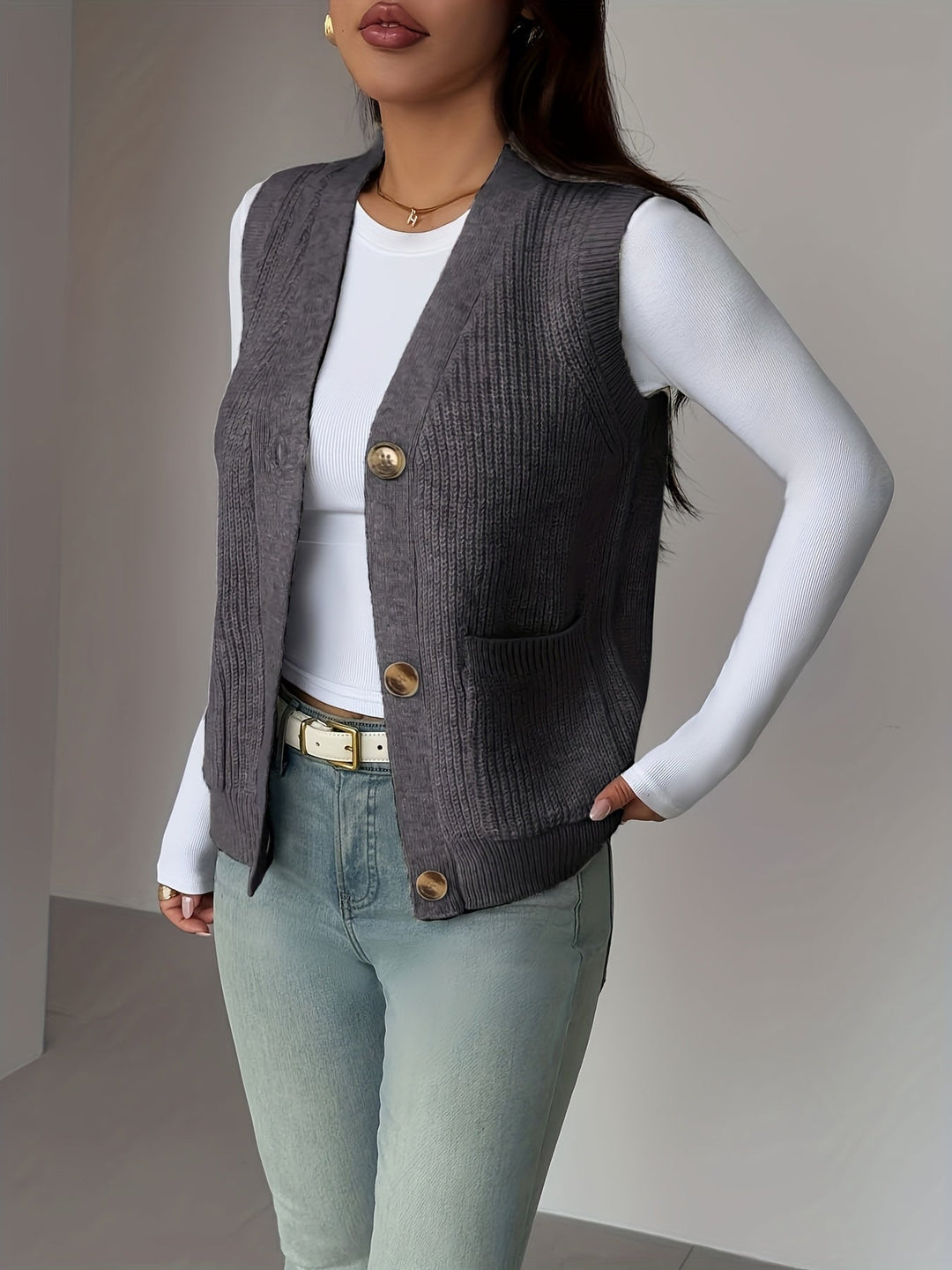 Buttoned V-Neck Knit Vest