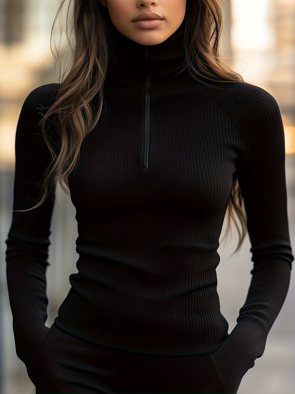 Half-Zip High-Neck Ribbed Top