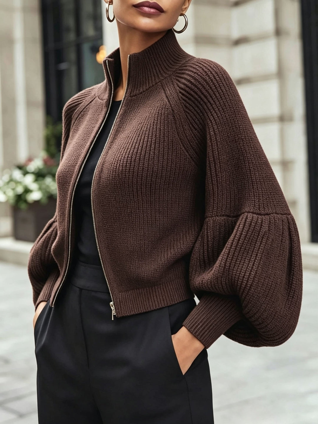 Zip-Up Puff-Sleeve Cardigan