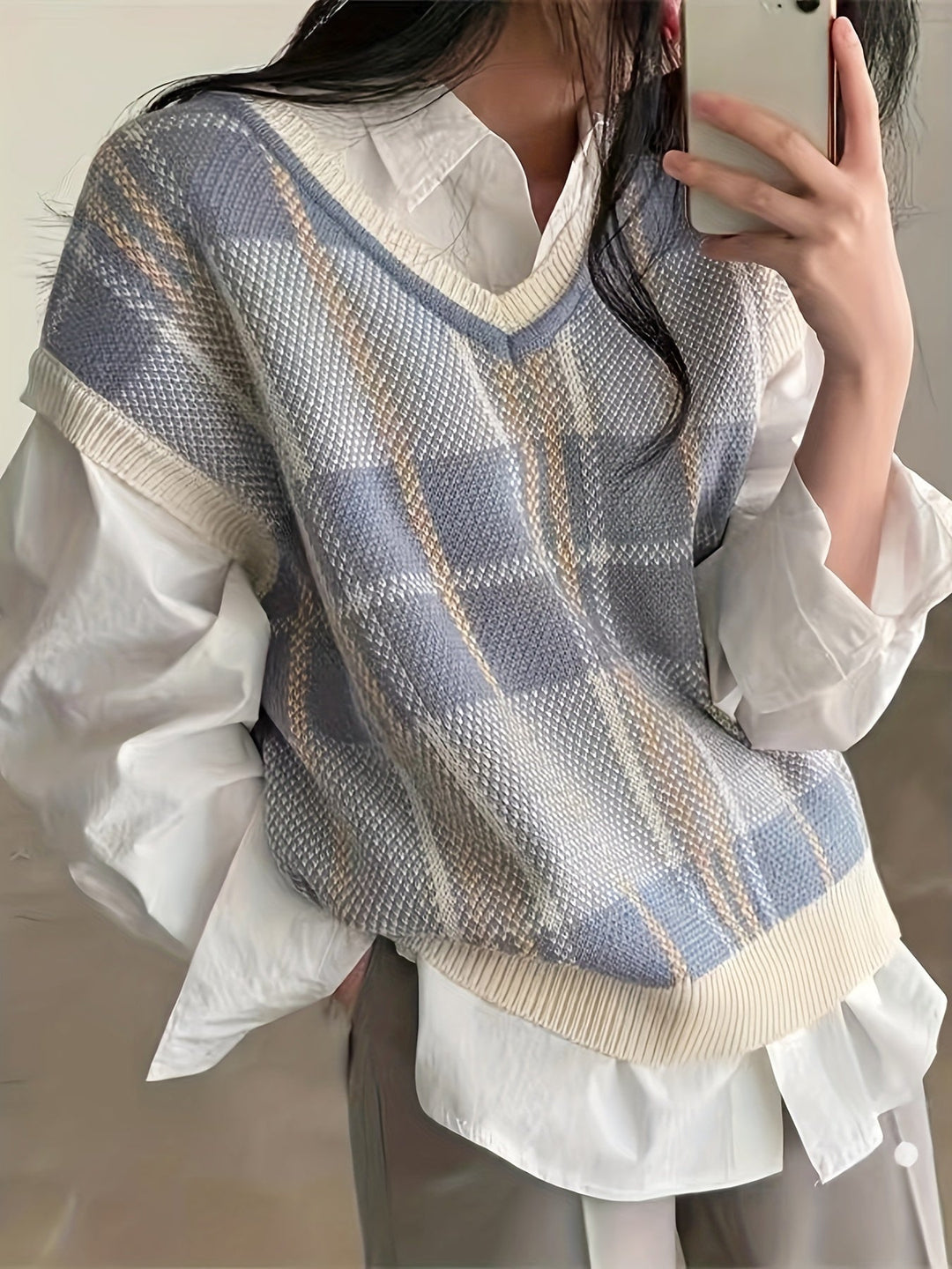 Vintage Plaid V-Neck Sweater Vest