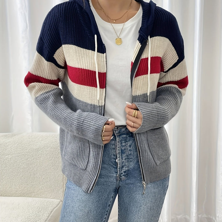 Colour-Block Hooded Zip Cardigan