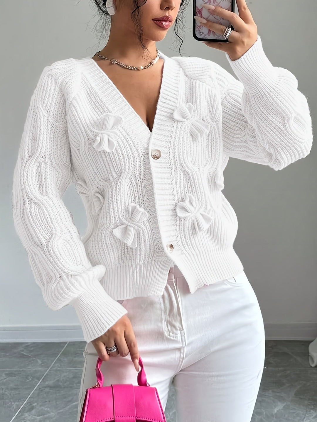 Soft Bow-Detail Long Sleeve Cardigan