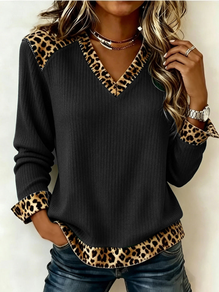 Animal-Trimmed V-Neck Top