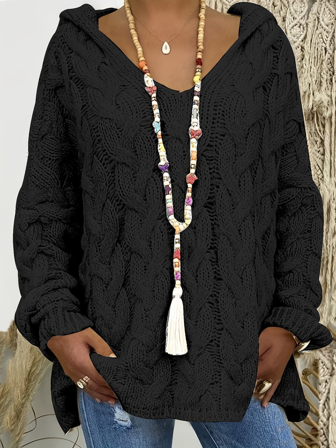 Relaxed Cable-Knit V-Neck Sweater
