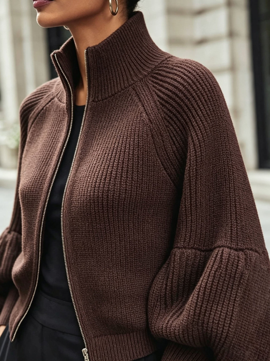 Zip-Up Puff-Sleeve Cardigan