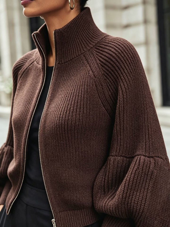 Zip-Up Puff-Sleeve Cardigan