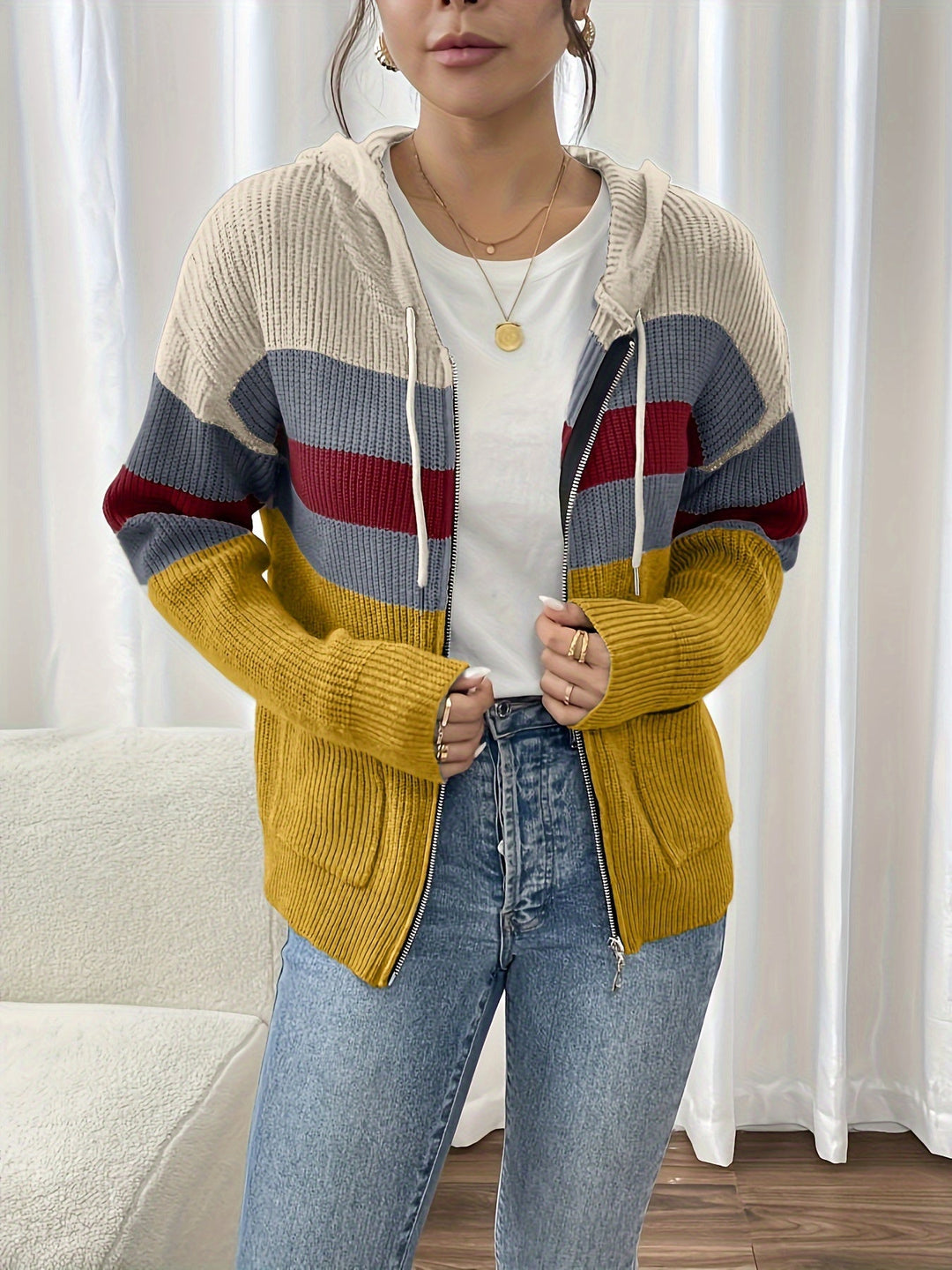 Colour-Block Hooded Zip Cardigan