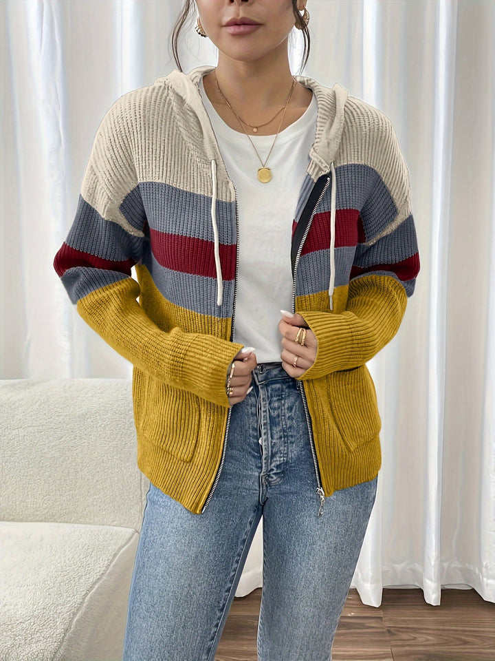 Colour-Block Hooded Zip Cardigan