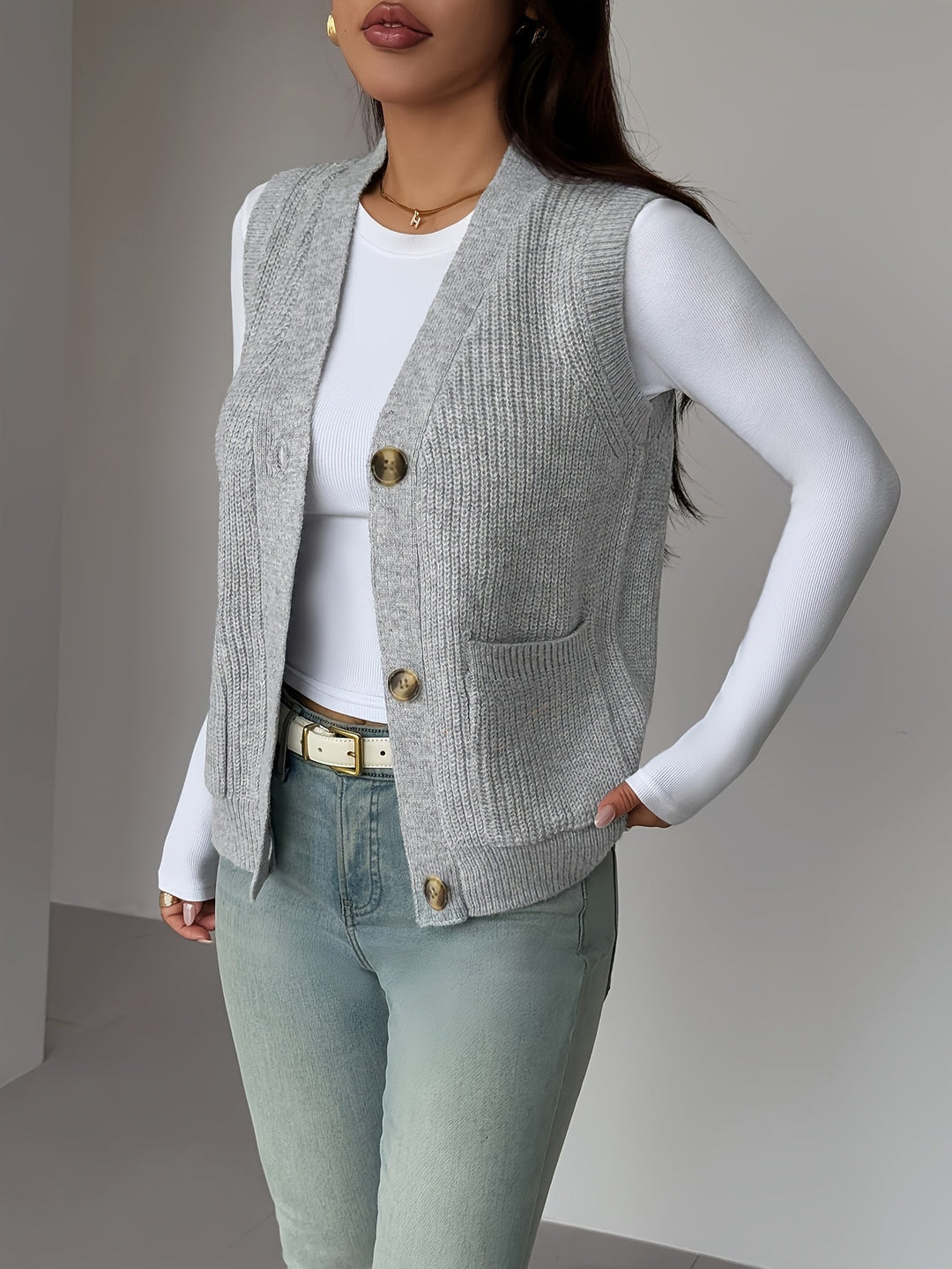 Buttoned V-Neck Knit Vest