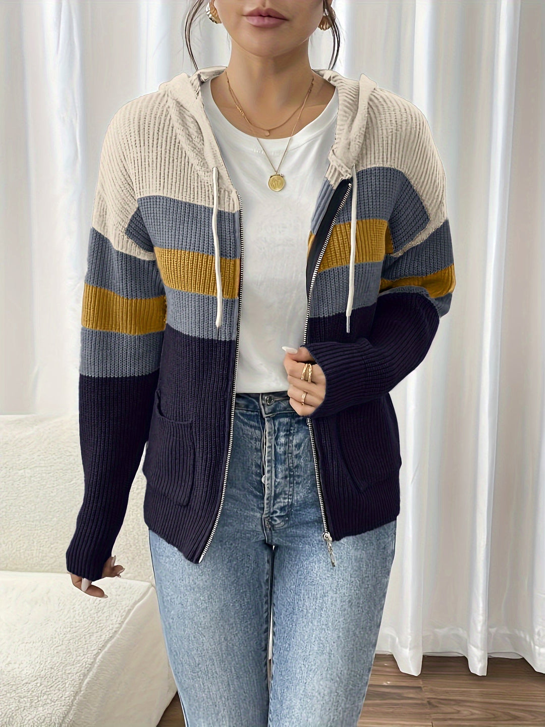 Colour-Block Hooded Zip Cardigan