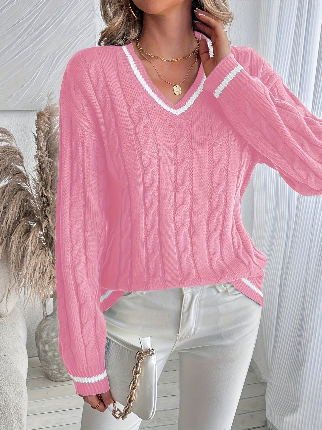 Cable-Knit V-Neck Sweater