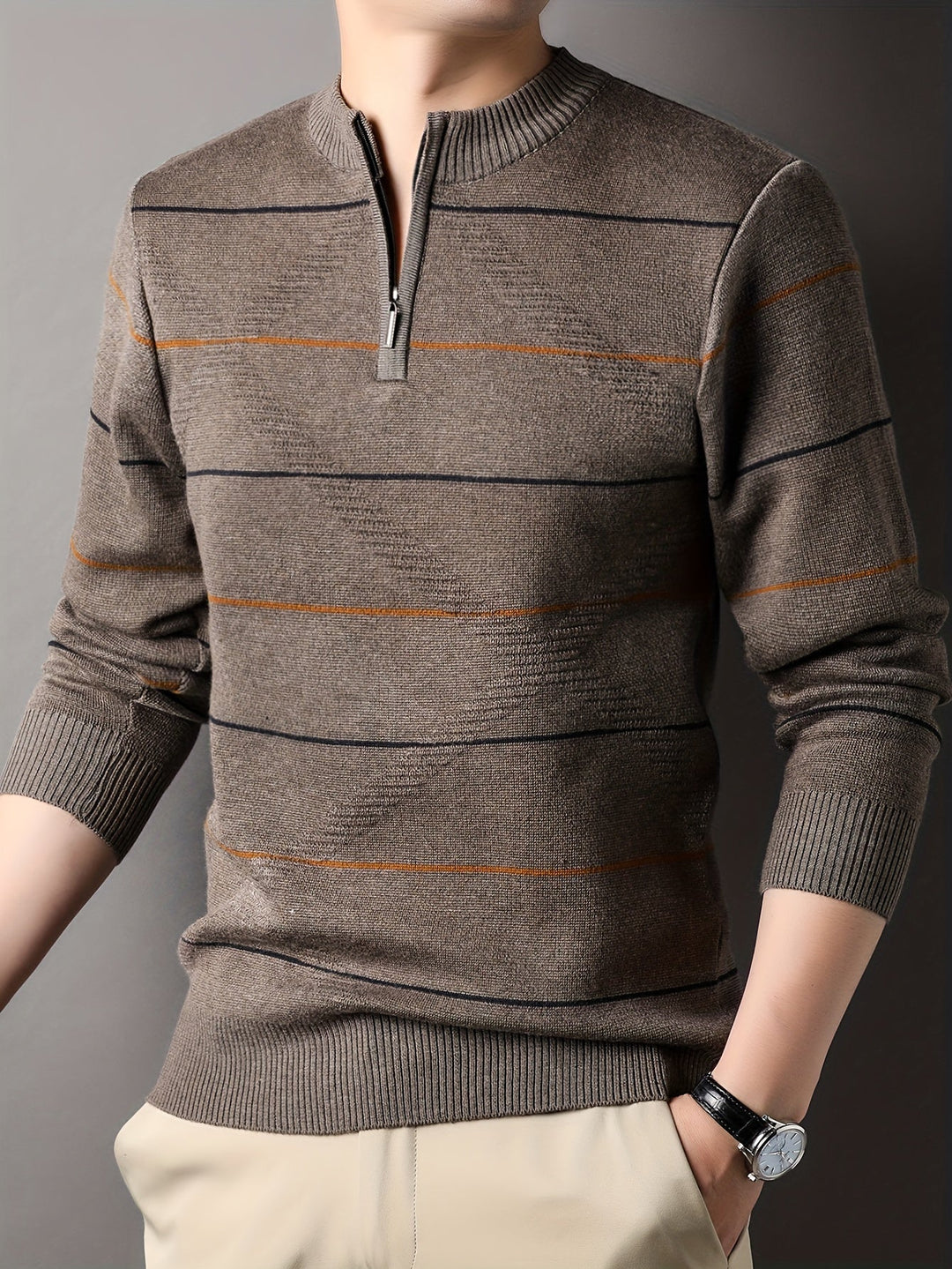 Refined Striped Zip-Neck Sweater