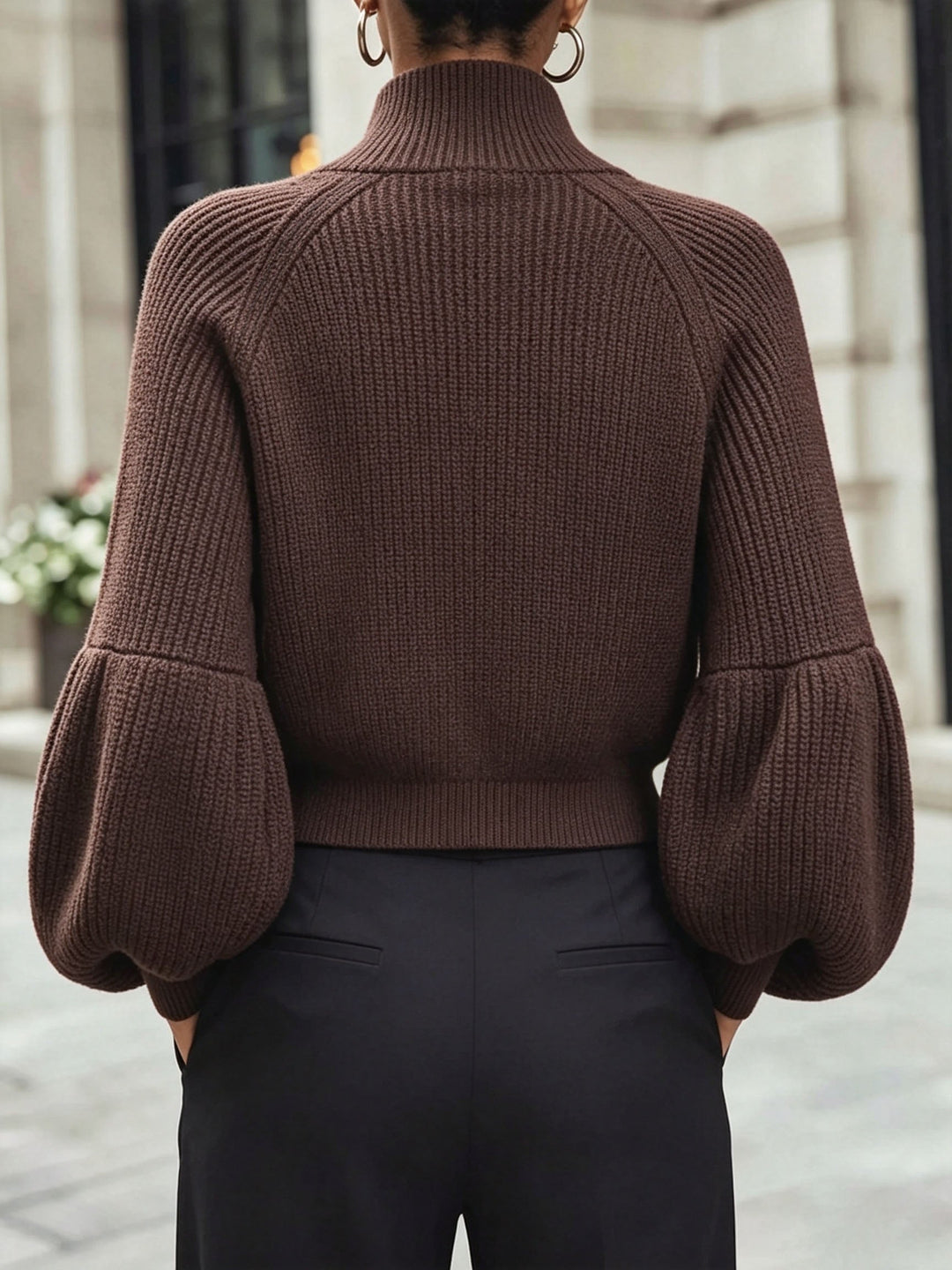 Zip-Up Puff-Sleeve Cardigan