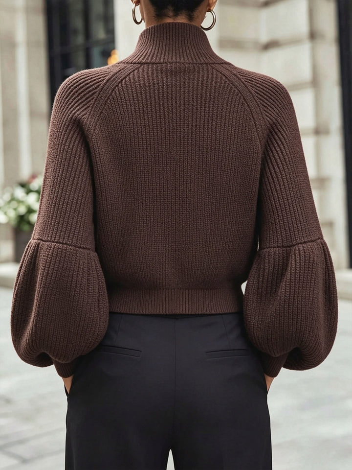 Zip-Up Puff-Sleeve Cardigan