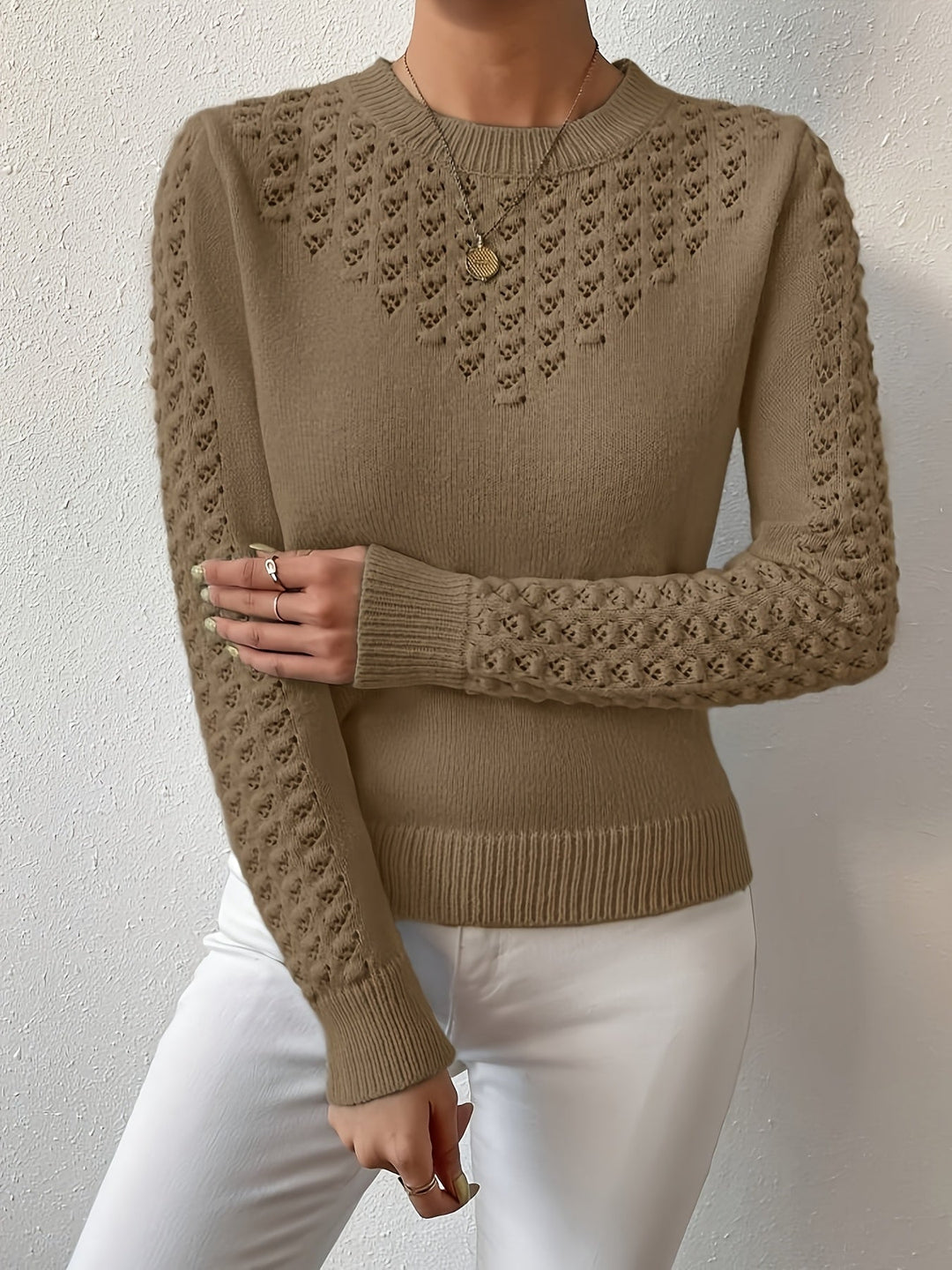 Pointelle-Knit Round Neck Sweater