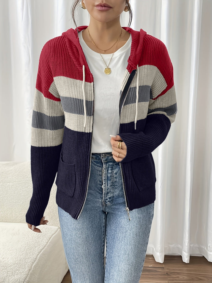 Colour-Block Hooded Zip Cardigan