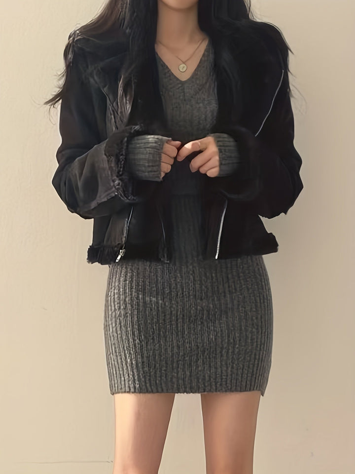 Ribbed V-Neck Slim-Fit Dress