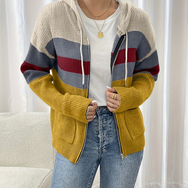Colour-Block Hooded Zip Cardigan