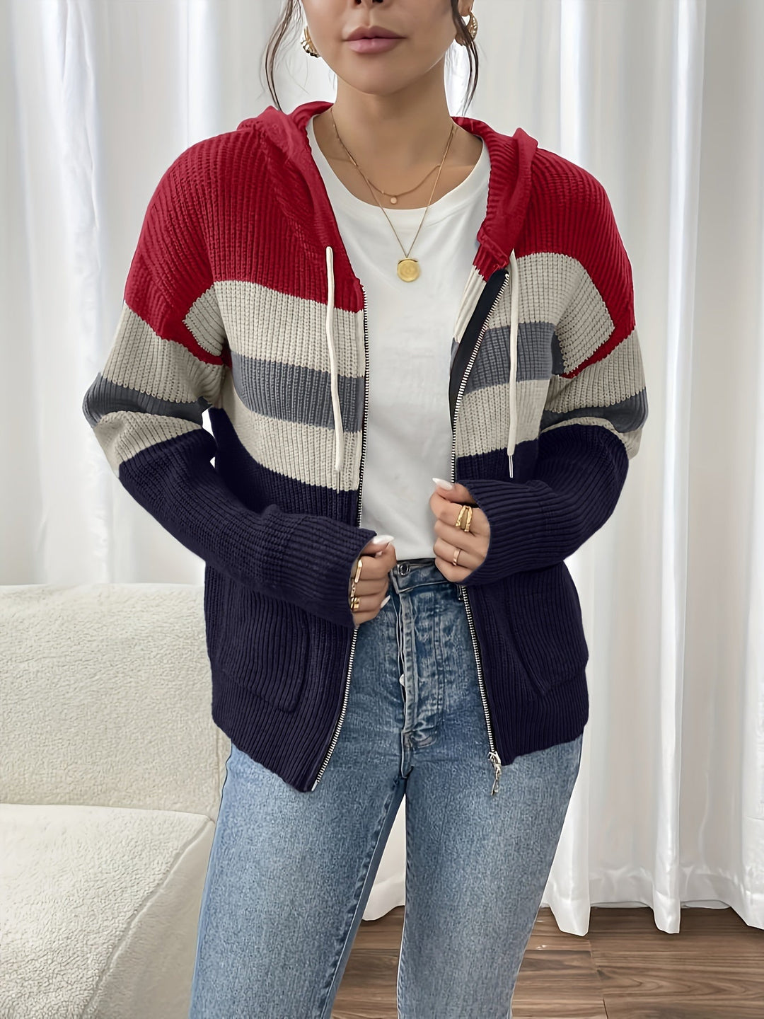 Colour-Block Hooded Zip Cardigan