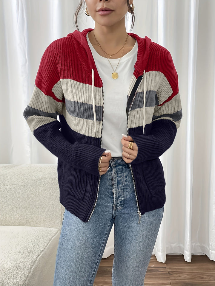 Colour-Block Hooded Zip Cardigan