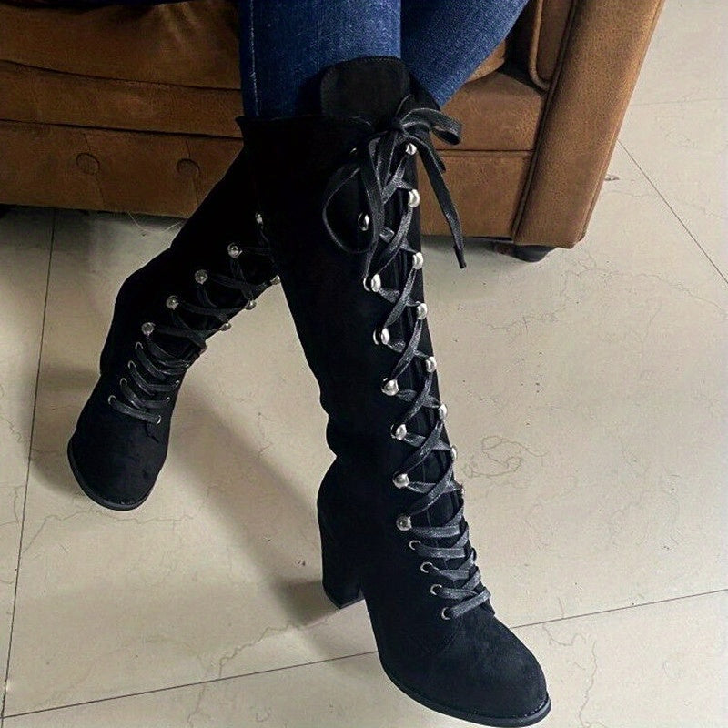 Lace-Up Chunky-Heel Tall Boots