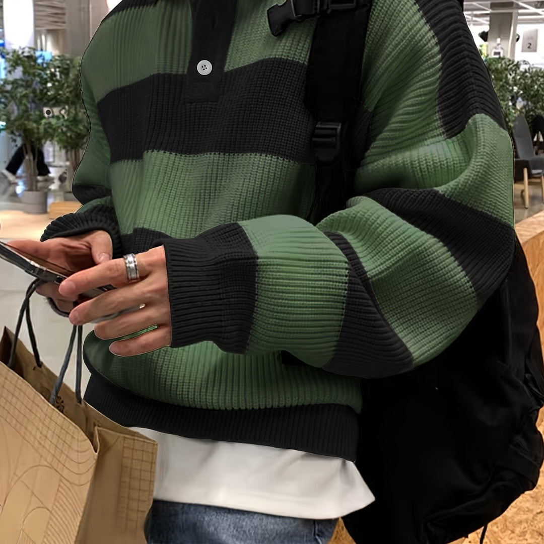 Color-Blocked Button-Neck Sweater